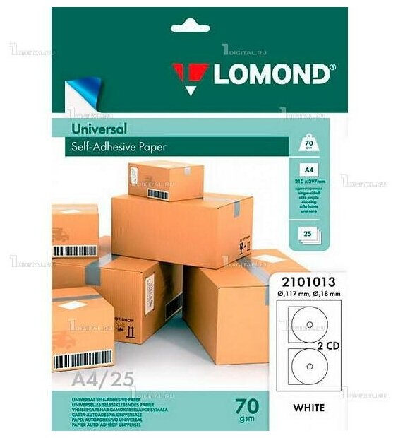 Самоклеящаяся бумага Lomond A4 70 г/м2 (25 листов) этикетки для CD/DVD дисков, белые, 2 наклейки (117 / 18 мм) 2101013