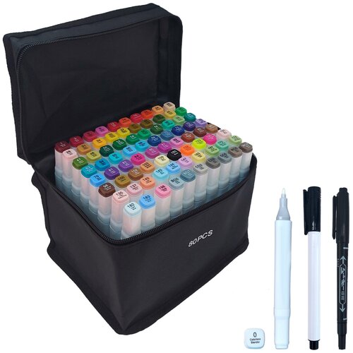 Набор двусторонних маркеров для скетчинга 80 цветов, блендер, ручка-линер, двусторонний черный маркер (в сумке с подставкой)