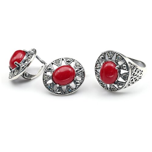 Комплект бижутерии: серьги, кольцо, корунд, размер кольца 17, красный