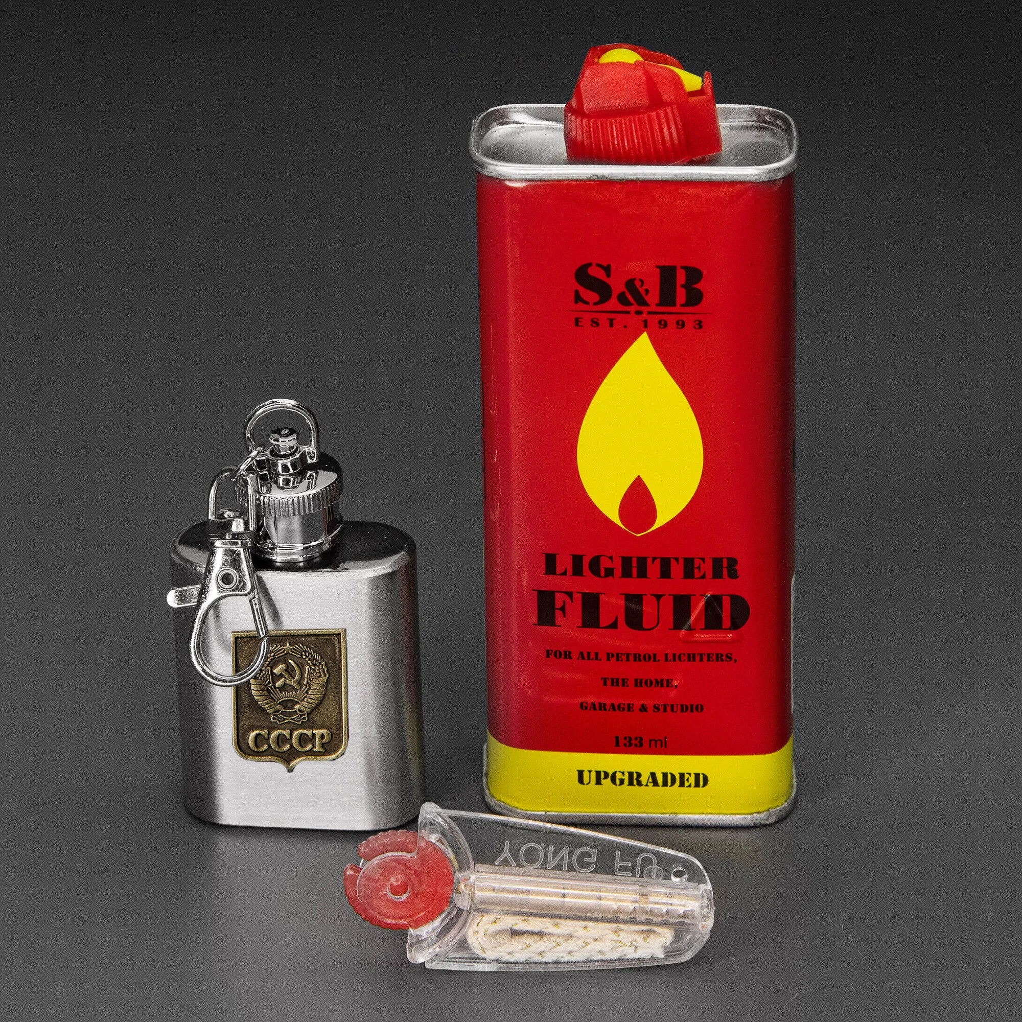 ЗИП набор-заправка для зажигалки: канистра стальная (30 мл), Lighter fluid (133 мл), фитиль (10 см) и кремний (7 шт) — фото 1