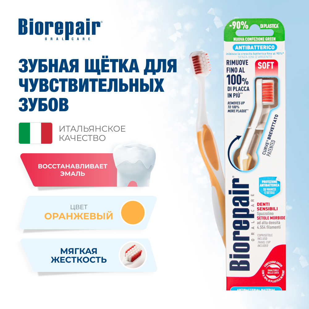 Зубная щетка Biorepair CURVE Denti Sensibili мягкая, оранжевая
