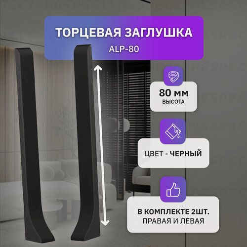 Изображение товара Торцевая заглушка алюминиевая для накладного плинтуса высотой 80 мм, 2 шт, черный