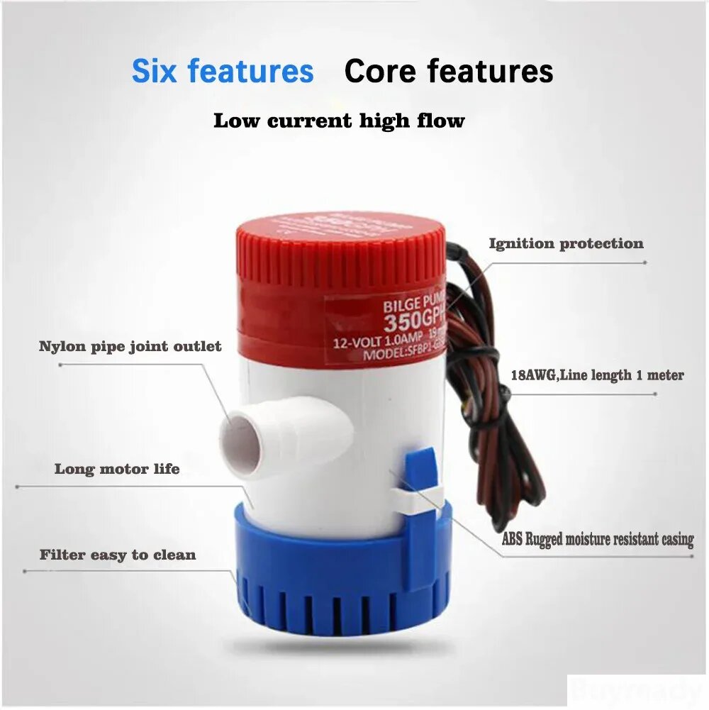 Изображение Мини-насос для лодки Buyready 12/24В 1100 Гал/ч, 12V, 1100GPH 29mm hose