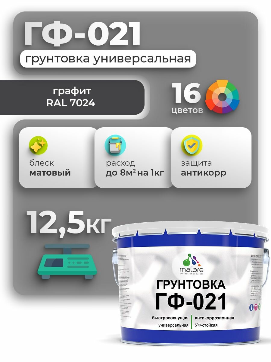Грунтовка ГФ-021 универсальная для металла, по дереву, для минеральных поверхностей, быстросохнущая, RAL 7024, графитово-серый, матовая, 12,5 кг