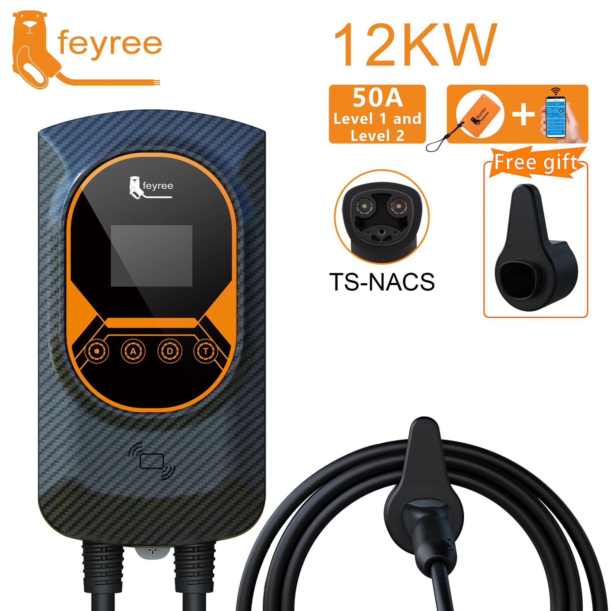 Feyree Зарядная станция EV для TS-NACS Socket EVSE Wallbox 32A 7.6KW 40A 9.6KW 50A 12KW Управление через приложение для быстрой зарядки для автомобиля Tesla, 12KW 50A 1 Phase