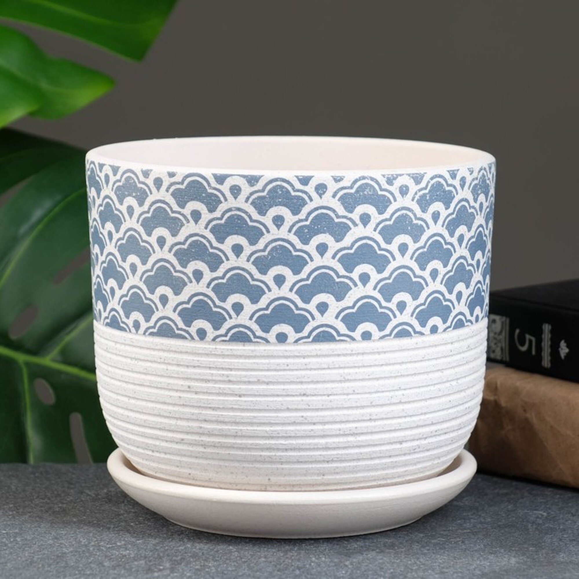 Горшок для цветов «Хоккайдо» керамический с поддоном 1.7 л белый с голубым орнаментом