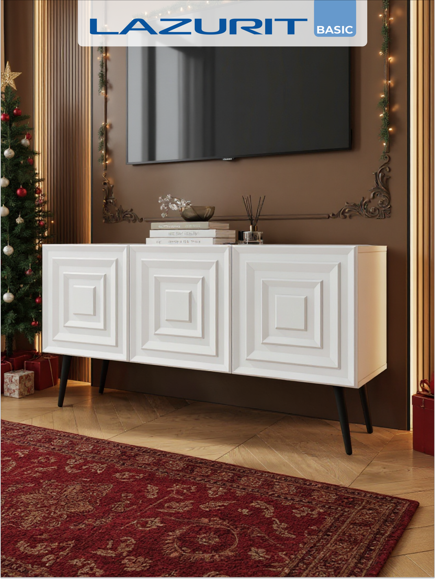 ТВ Тумба под телевизор 50" напольная белая Lazurit Alpes с ящиками с черным ножками 115х58х36 Soft-touch