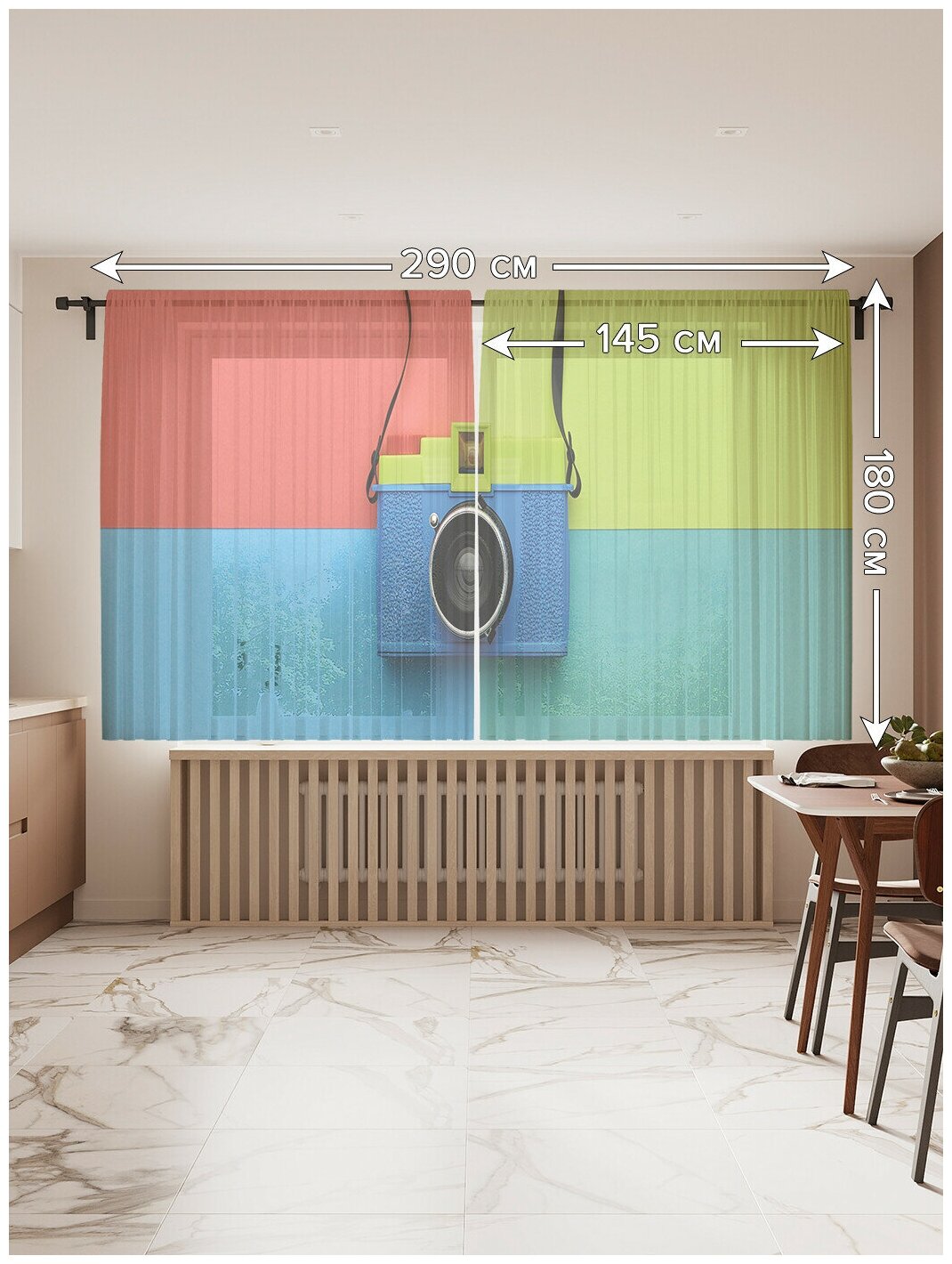 Тюль для кухни и спальни JoyArty "Фотоаппарат", 2 полотна со шторной лентой шириной по 145 см, высота 180 см. - фотография № 2