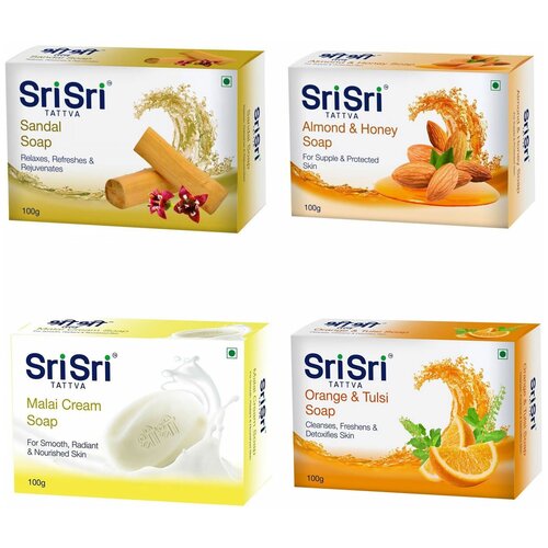 SriSri Tattva Аюрведическое мыло в наборе Сандаловое Миндально-Медовое Сливочный крем Апельсин-Тулси 4 шт по 100 гр Индия 871₽