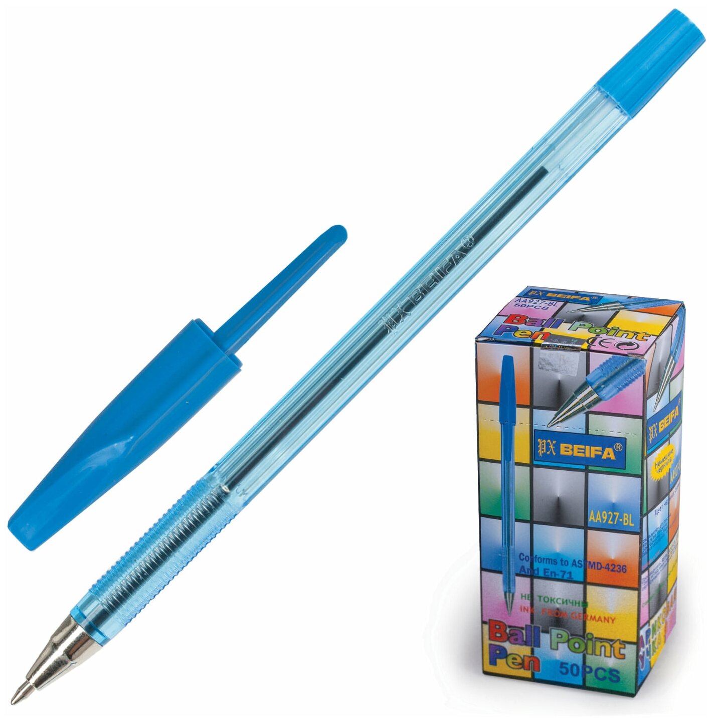 Ручка шариковая BEIFA (Бэйфа) 927, корпус тонированный синий, узел 0,7 мм, линия письма 0,5 мм, AA927-BL - 100 шт.