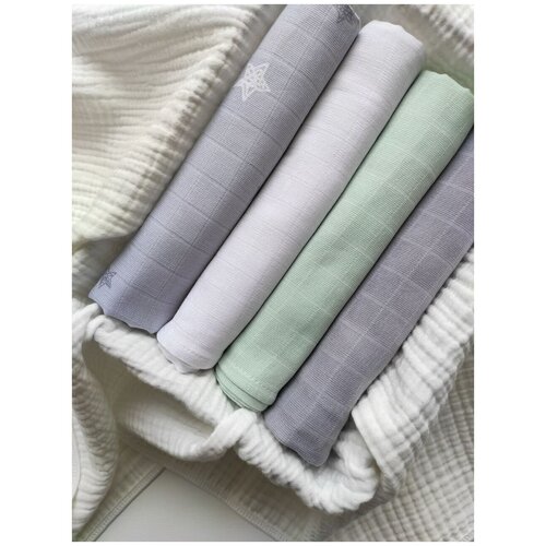 Муслиновые пеленки для малышей bpkids 80х100 см хлопок, 4 шт серые звезды/белый/оливка/серый