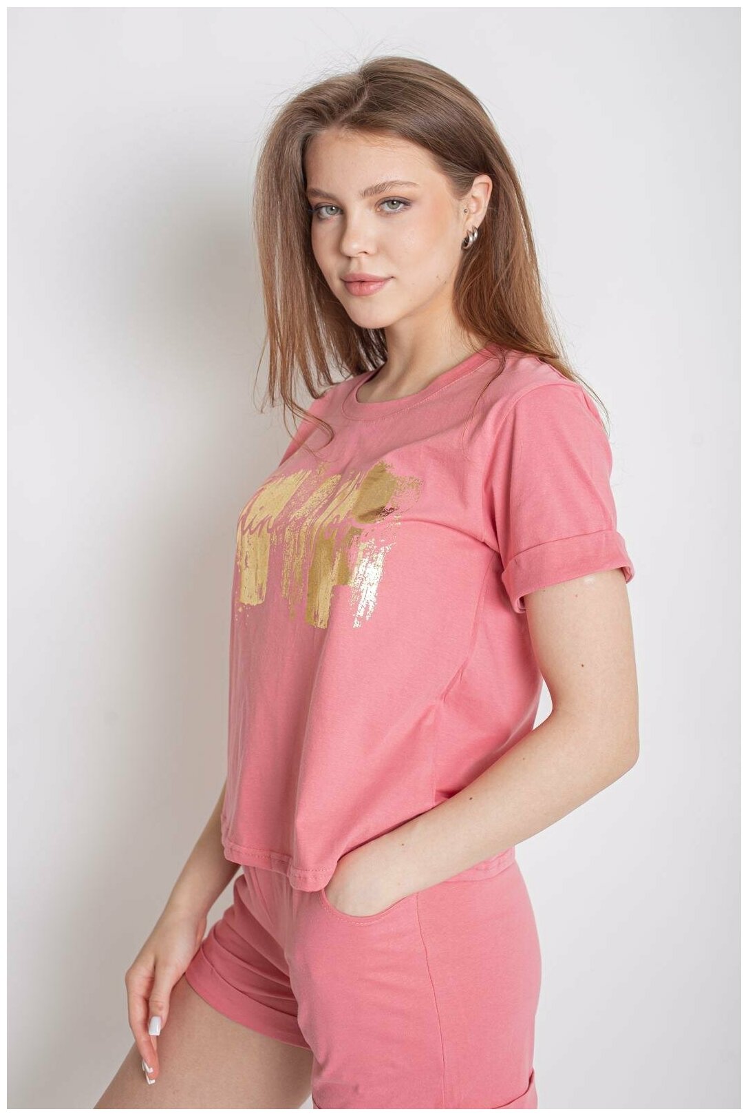 Женский домашний костюм Фантазия Розовый размер 46 Трикотаж Лика Дресс футболка с коротким рукавом шорты с кармнами - фотография № 5