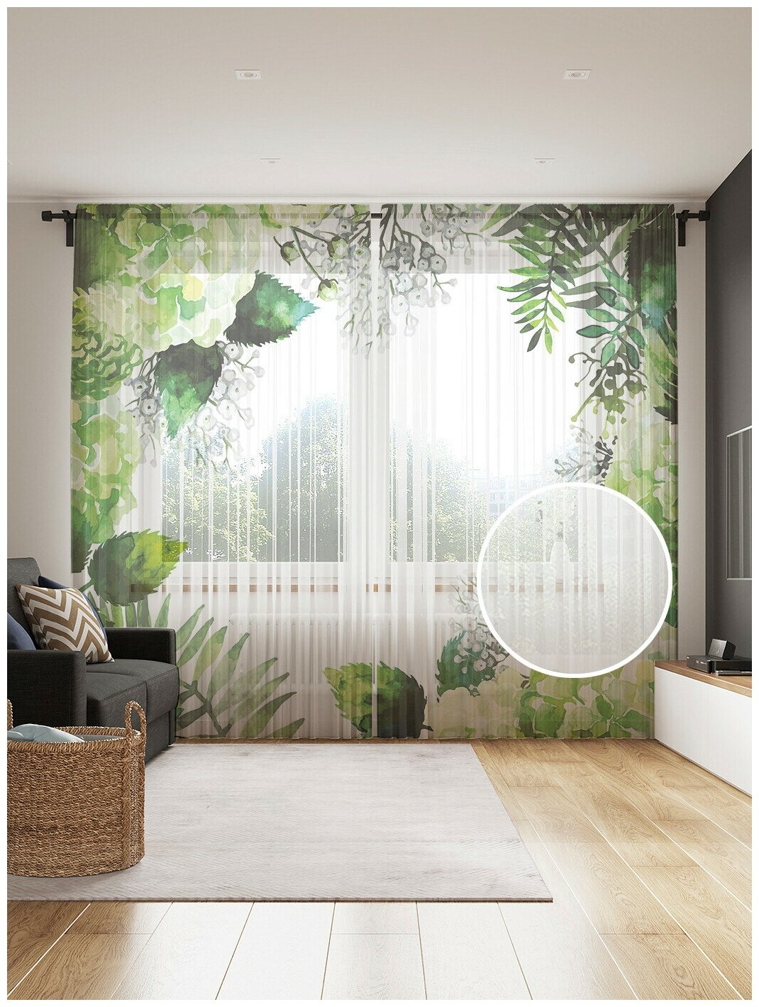 Тюль для кухни и спальни JoyArty "Тропическая листва", 2 полотна со шторной лентой шириной по 145 см, высота 265 см.