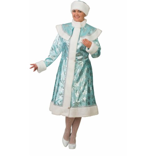 Карнавальный костюм Снегурочка сатин бирюза со снежинками, шуба, шапка, р.54-56 4607755 костюм снегурочки батик