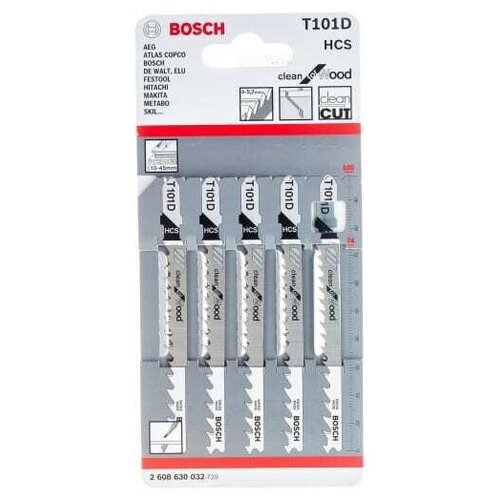 Пилки для лобзиков BOSCH по дереву, ДСП T101D 100х74мм чистый рез HCS (5шт)