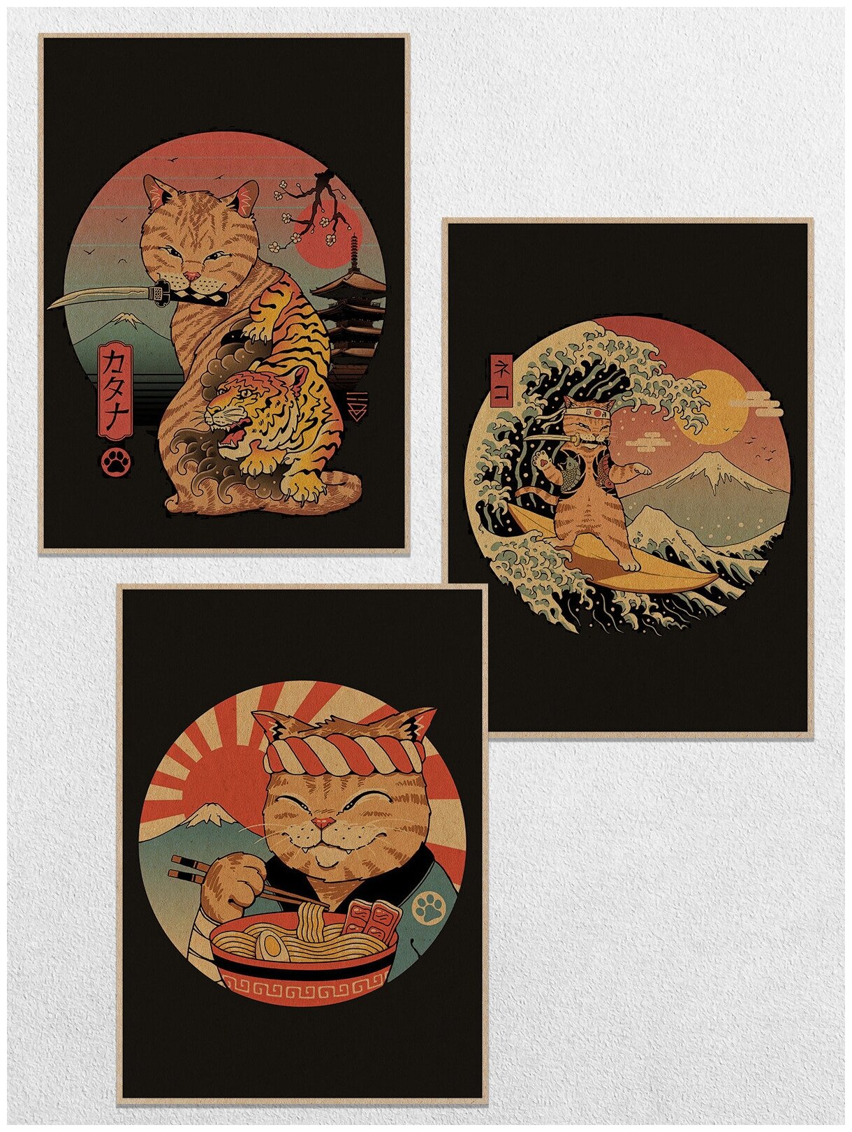 Постеры интерьерные Азиатские коты якудза 1 Набор Плакатов 3 шт