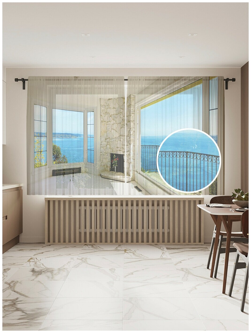 Тюль для кухни и спальни JoyArty "Вид из окон", 2 полотна со шторной лентой шириной по 145 см, высота 180 см.