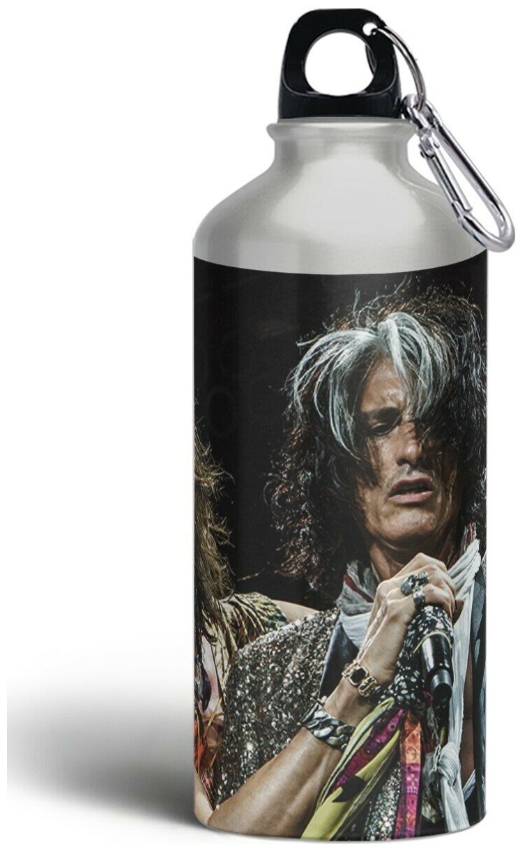 Бутылка спортивная,туристическая фляга, 500мл с карабином Aerosmith (Стивен Тайлер, Джо Перри, Rammstein, Marilyn Manson) - 942