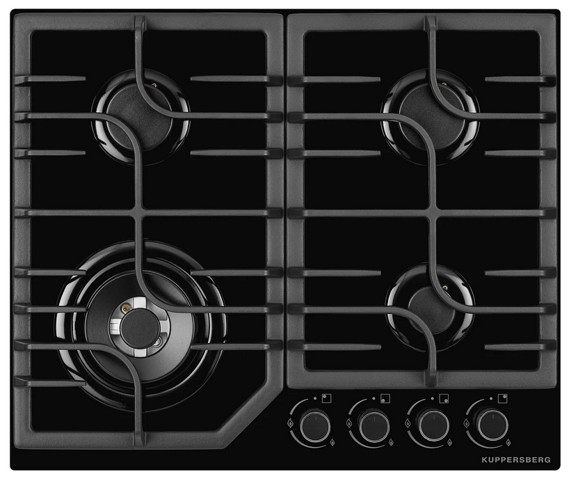 Встраиваемые газовые панели Kuppersberg/ Газовая варочная поверхность стекло, ширина 60 см, 4 газовые конфорки, комфорка повышенной мощности, автоподжиг, газ-контроль, чугунные решетки, цвет чёрный