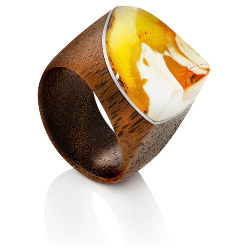 фото Amberholl оригинальное кольцо из дерева с натуральным текстурным янтарём «индонезия»