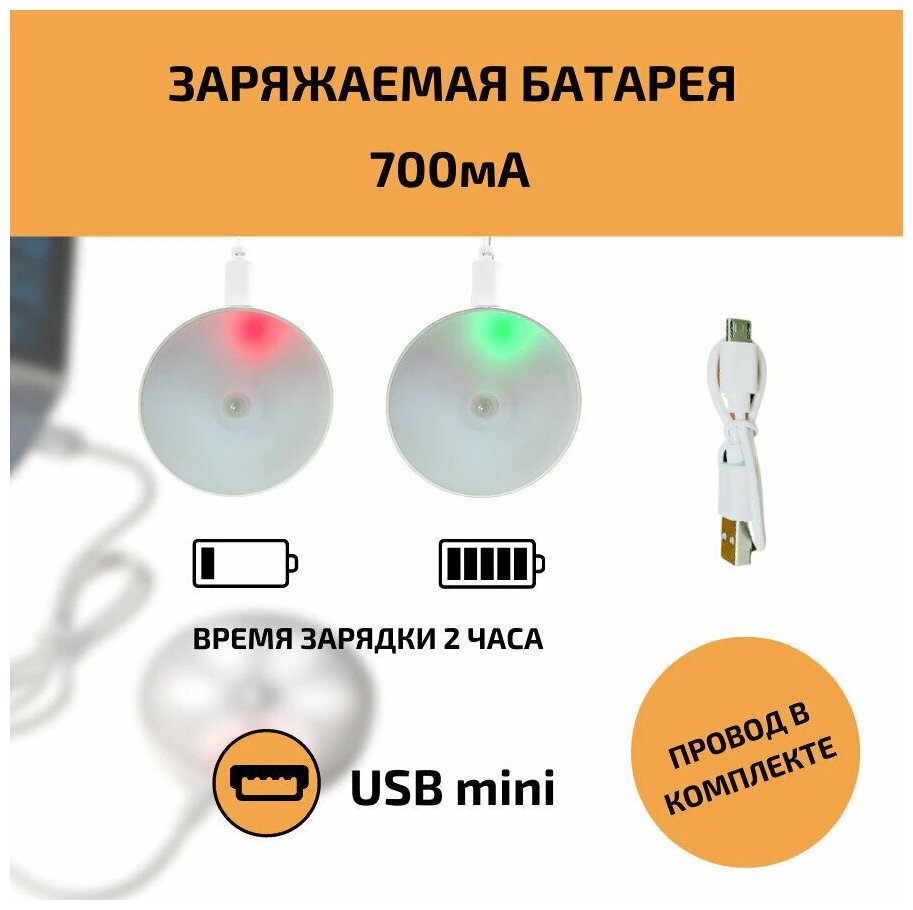 ATMT / Светильник Ночник с датчиком движения/ Умный свет/ Беспроводная светодиодная Led лампа/ зарядка USB