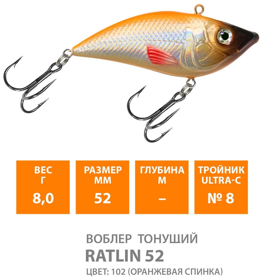 Воблер для рыбалки тонущий AQUA Ratlin 52mm 8g цвет 102