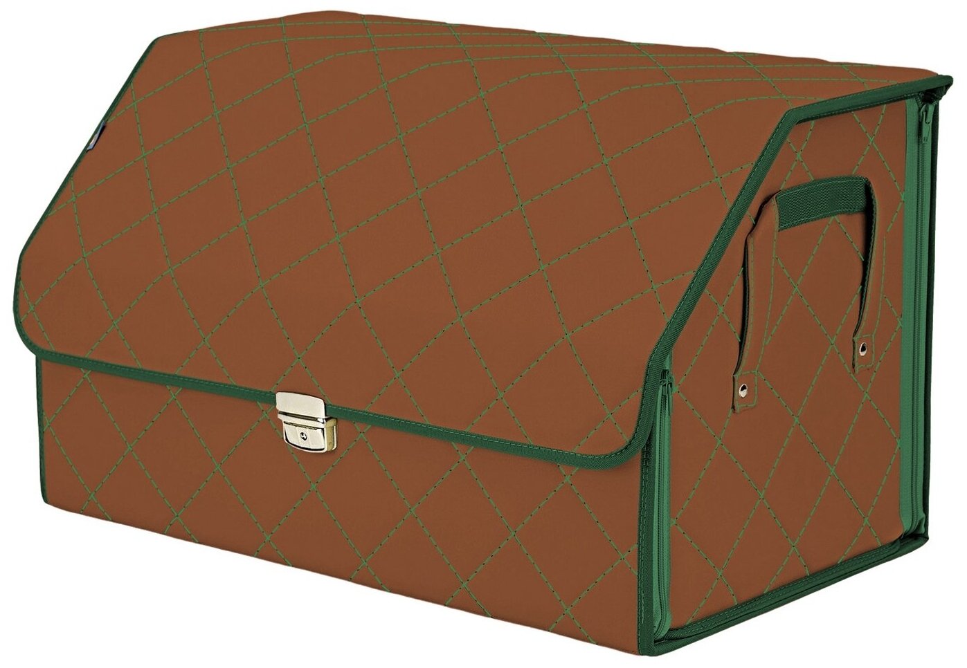Органайзер-саквояж в багажник "Союз Премиум" (размер XL). Цвет: светло-коричневый с зеленой прострочкой Ромб.