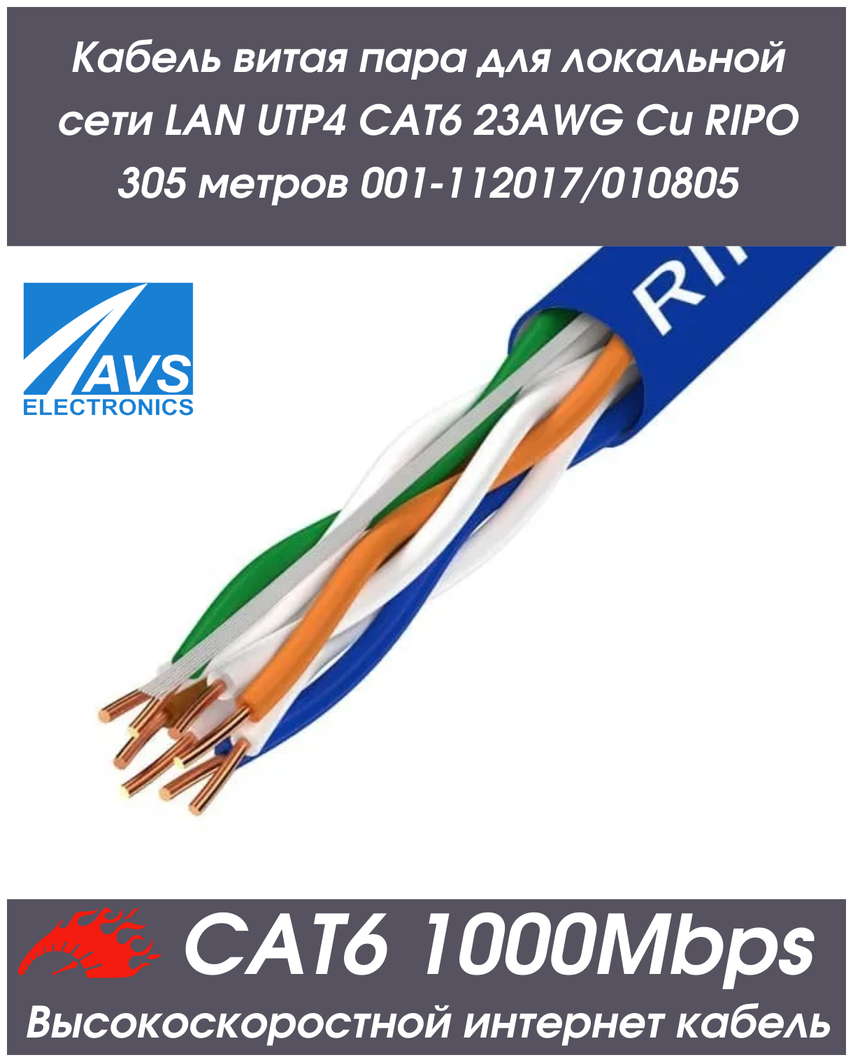 Кабель витая пара для локальной сети LAN UTP4 CAT6 23AWG Cu RIPO 305 метров 001-112017