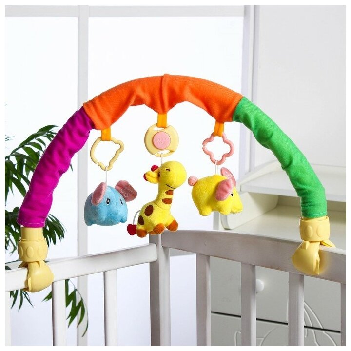Дуга игровая музыкальная на коляску/кроватку «Слоники», 3 игрушки, цвета микс, р-р 42-68 см