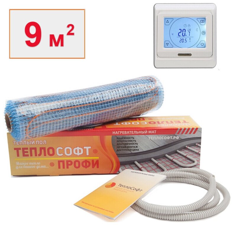 Тёплый пол электрический нагревательный мат Теплософт Профи 9 м2 с сенсорным терморегулятором