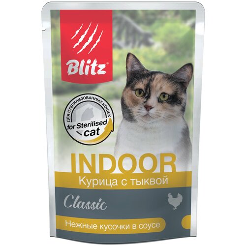 Влажный корм BLITZ CLASSIC для взрослых кошек живущих дома с курицей и тыквой в соусе (85 гр х 24 шт)