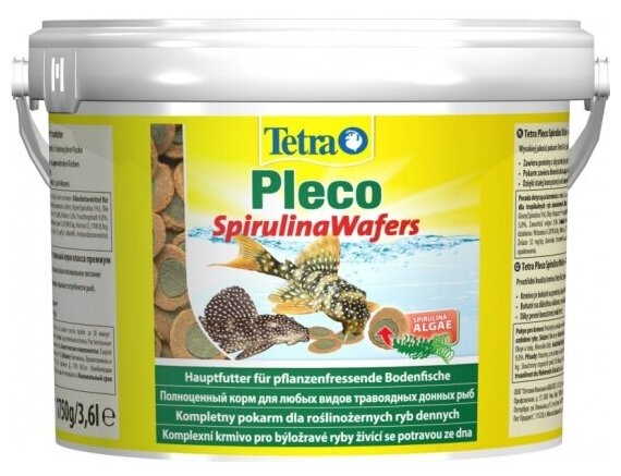 Корм для крупных растительноядных донных рыб Tetra Pleco SpirulinaWafers в виде крупных чипсов 3,6 литра (ведро)