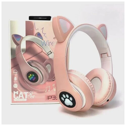 Детские беспроводные наушники Bluetooth со светящимися ушками, розовые