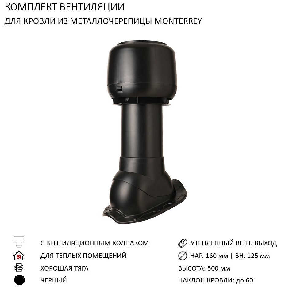 Комплект вентиляции: Колпак D160, вент. выход утепленный высотой Н-500, для металлочерепицы Monterrey, черный - фотография № 1