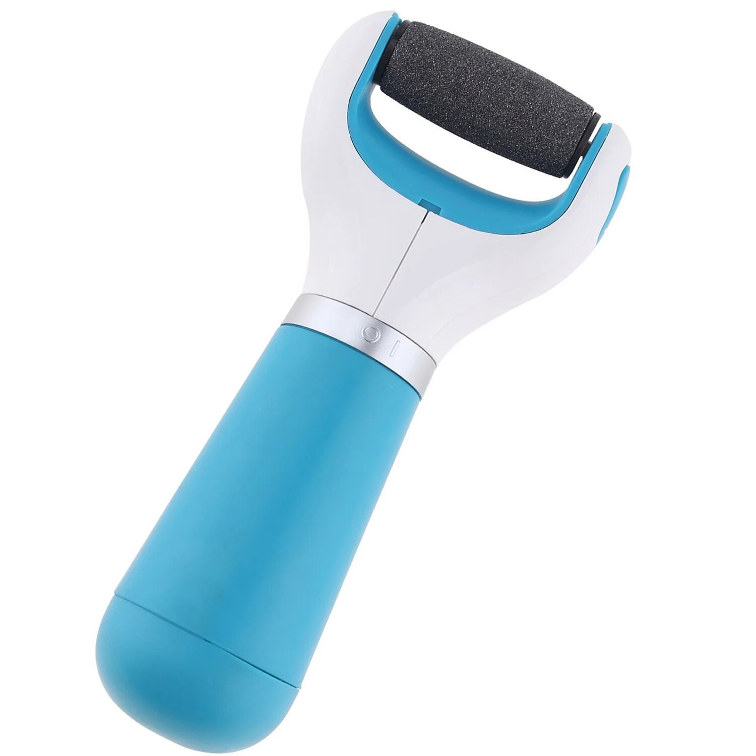 Механизм работы роликовой насадки для педикюра: синий валик вращается, снимая ороговевшую кожу на женской стопе