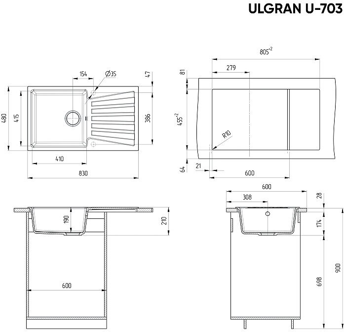 Кухонная мойка Ulgran Classic U-703-344 Ультра-черная - фотография № 3