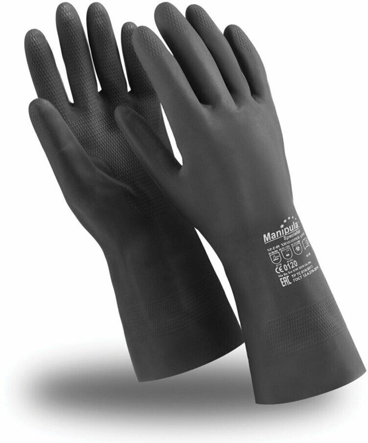 Перчатки неопреновые MANIPULA химопрен, хлопчатобумажное напыление, К80/Щ50, размер 8-8,5 (M), черные, CG-973, 608573
