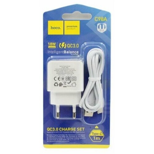 Зарядное Устройство HOCO C98A, 1USB Type-C 1м сетевое зарядное устройство hoco c81a usb 2 1 а кабель type c 1 м белый