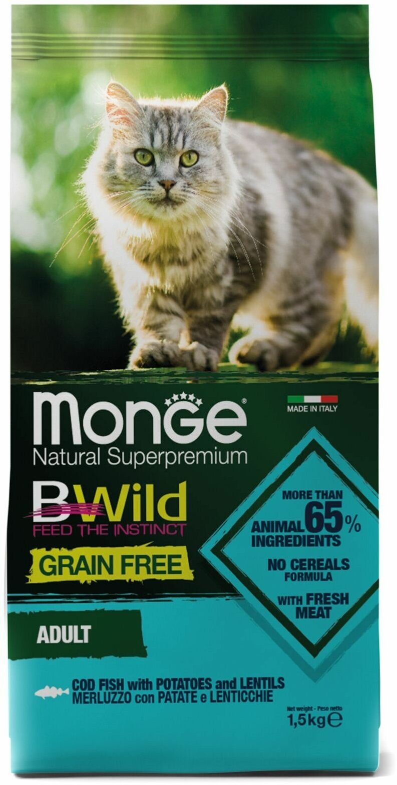 Monge Cat BWild Grain Free Сухой беззерновой корм для кошек, Треска 1,5