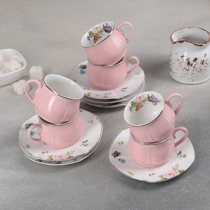 Сервиз кофейный "Сирена", 12 предметов- 6 чашек 100 мл, 6 блюдец 12 см, цвет розовый