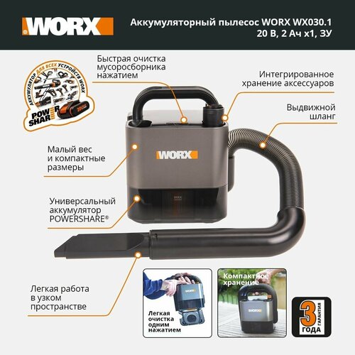 Аккумуляторный пылесос WORX WX030.9 20В, без АКБ и ЗУ аккумуляторный пылесос worx wx030 20 в