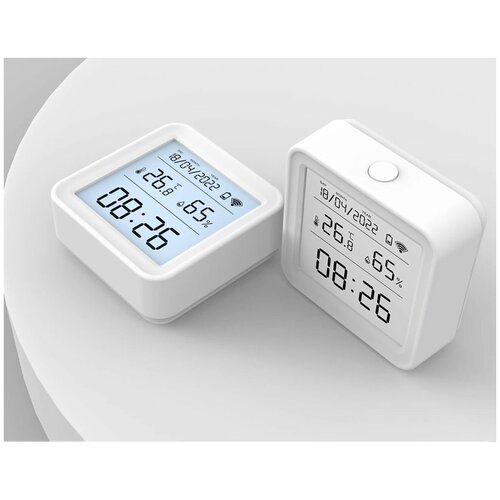 Датчик температуры и влажности Wi-Fi, комнатный (Гигрометр, термометр, часы) с ЖК-дисплеем LED, мониторинг (Tuya, Smart Life) голосовое управление
