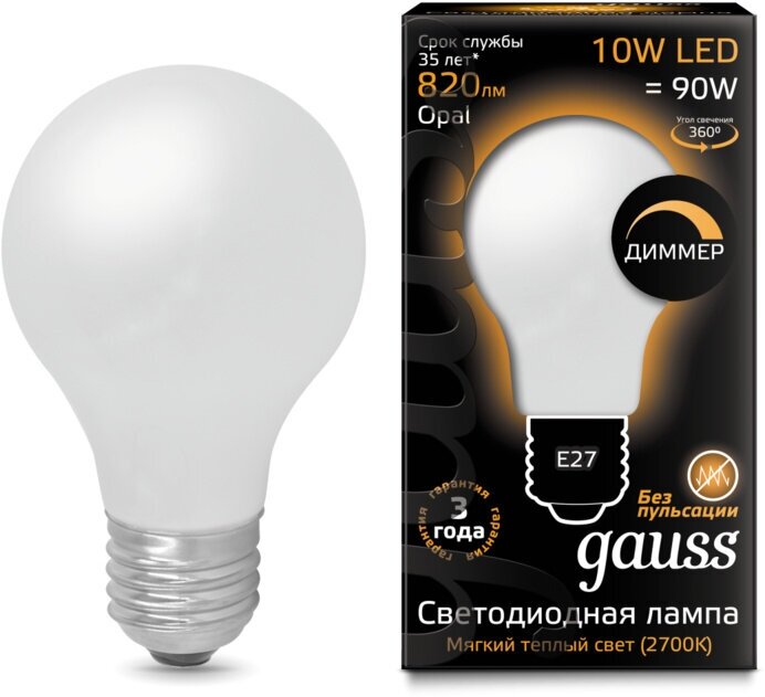 Лампа светодиодная Gauss 102202110-D Filament A60 OPAL E27 10W 2700К диммируемая