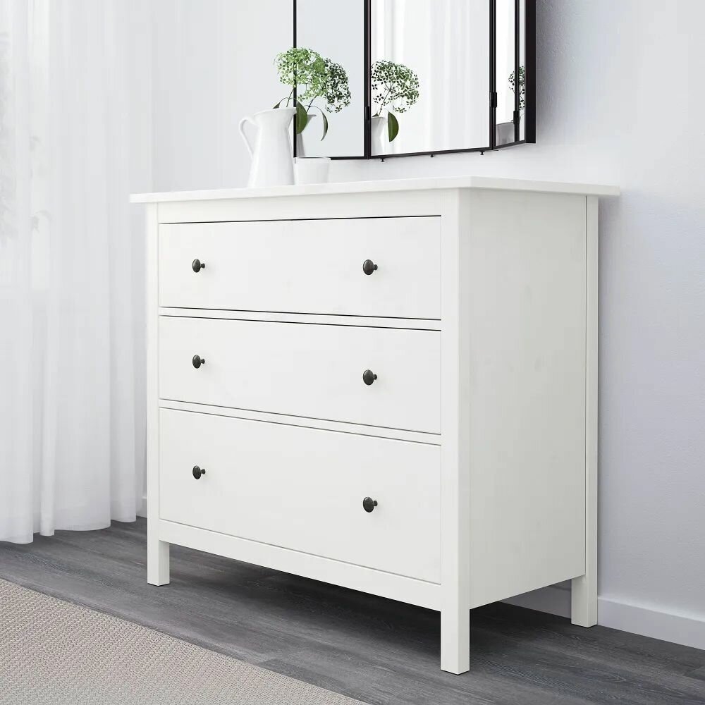 Комод Хемнэс (HEMNES), 108х96 см, 3 ящика, массив сосны, Белый лак - фотография № 2