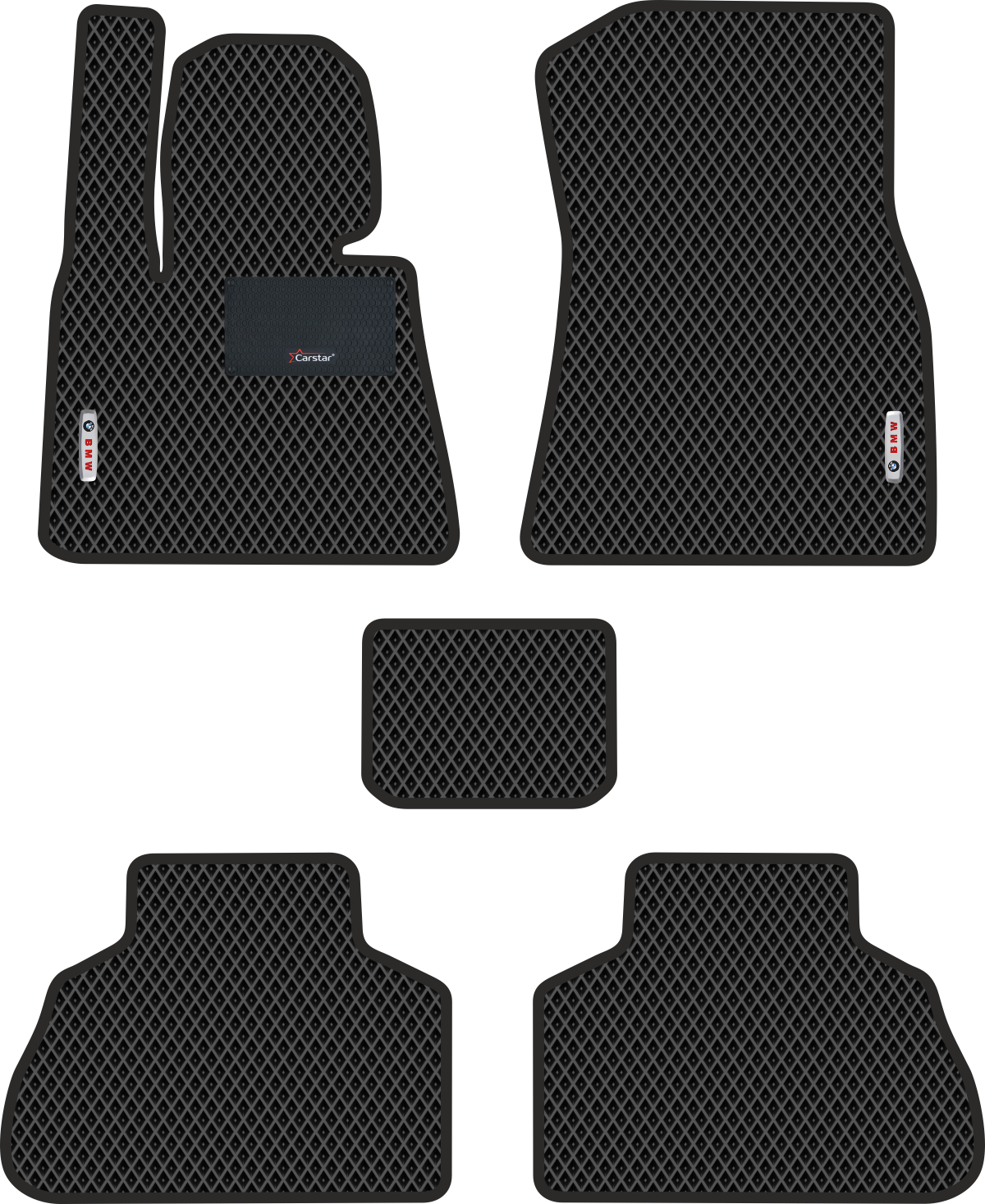 Автомобильные коврики EVA для BMW X5 IV G05 (2018-н/в) с каучуковым подпятником и 2 эмблемами BMW, чёрные с чёрным кантом, ячейка - ромб