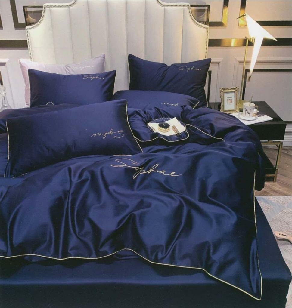Комплект постельного белья простыня стандартная Mency Евро Сатин Жатка синий
