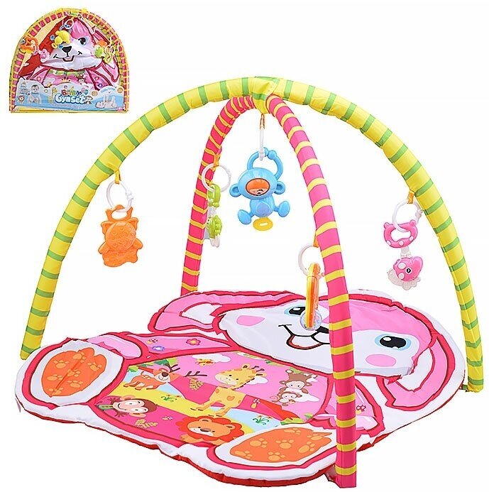 Развивающий коврик Oubaoloon розовый, 2 дуги, 5 подвесных игрушек, для детей с рождения, в сумке (604-1B)