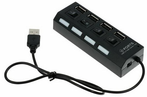 USB-разветвитель Luazon, 4 порта с индивидуальными выключателями, черный