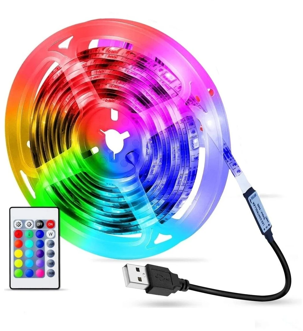Светодиодная лента RGB 2 метра с USB подключением / 16 цветов / изменяемая длинна / самоклеящаяся лента - фотография № 1