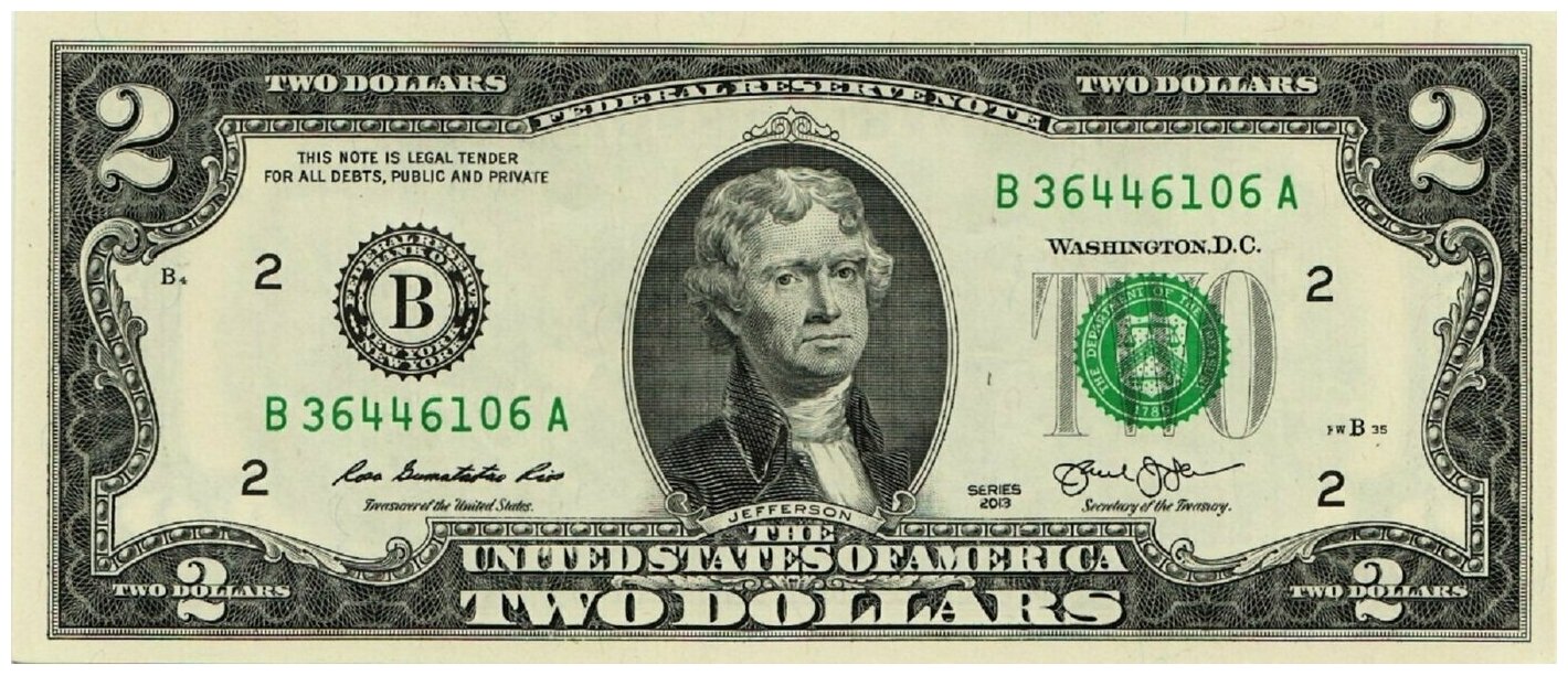 Банкнота 2 доллара США 2013 г. UNC подлинная для коллекции